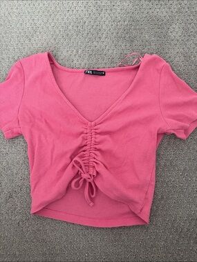 ZARA Pink Ruched V-Neck Ribbed Drawstring Crop Top